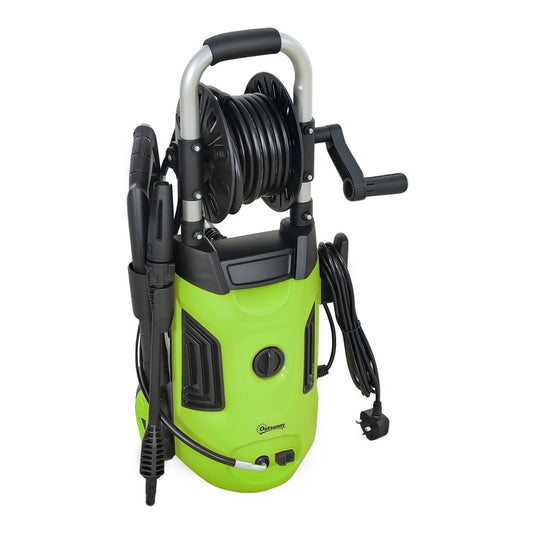 Outsunny 1800W High Pressure Washer, a green and black portable cleaning machine with a hose reel and handle