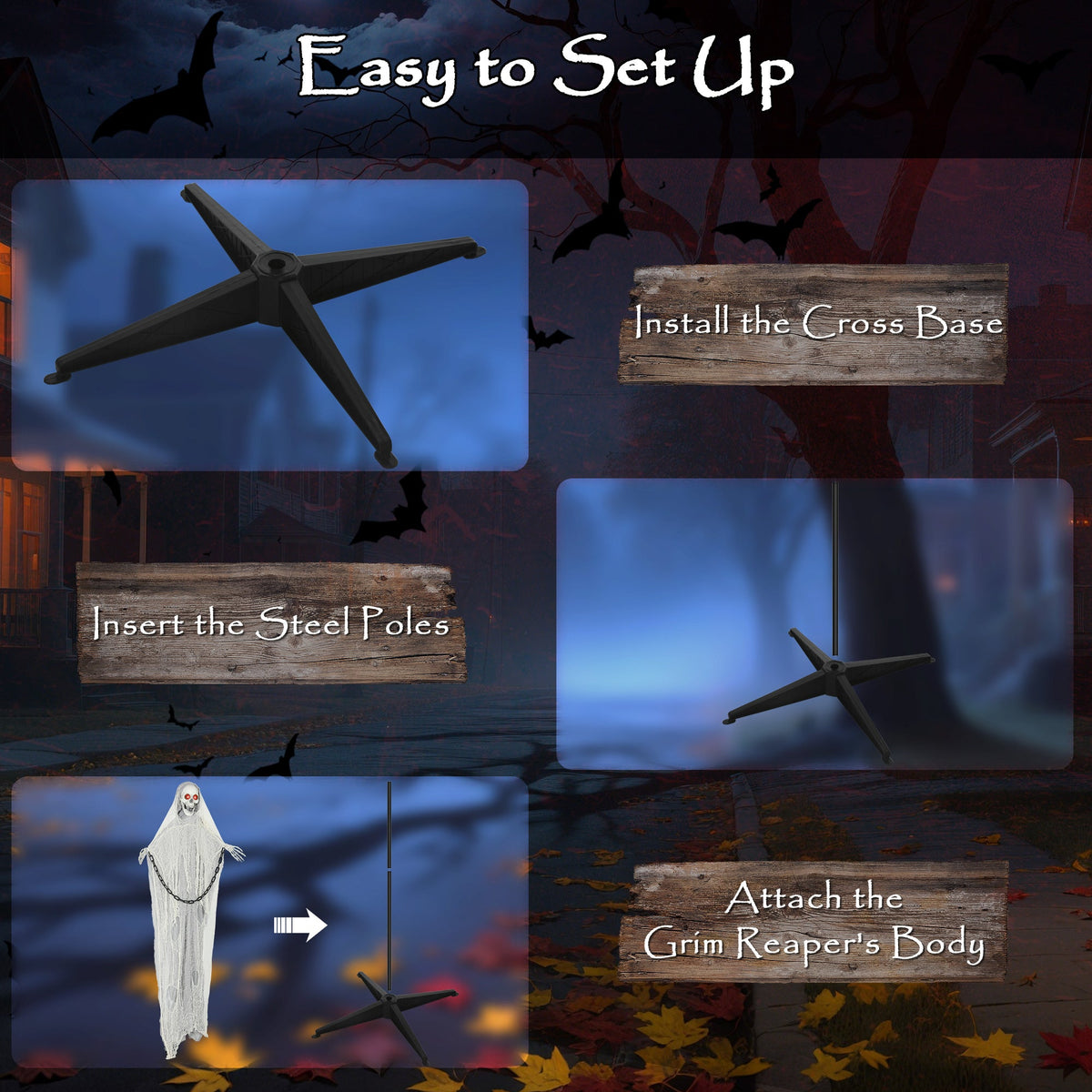 The animated skeleton assembly guide showing the base and poles with step by step instructions
