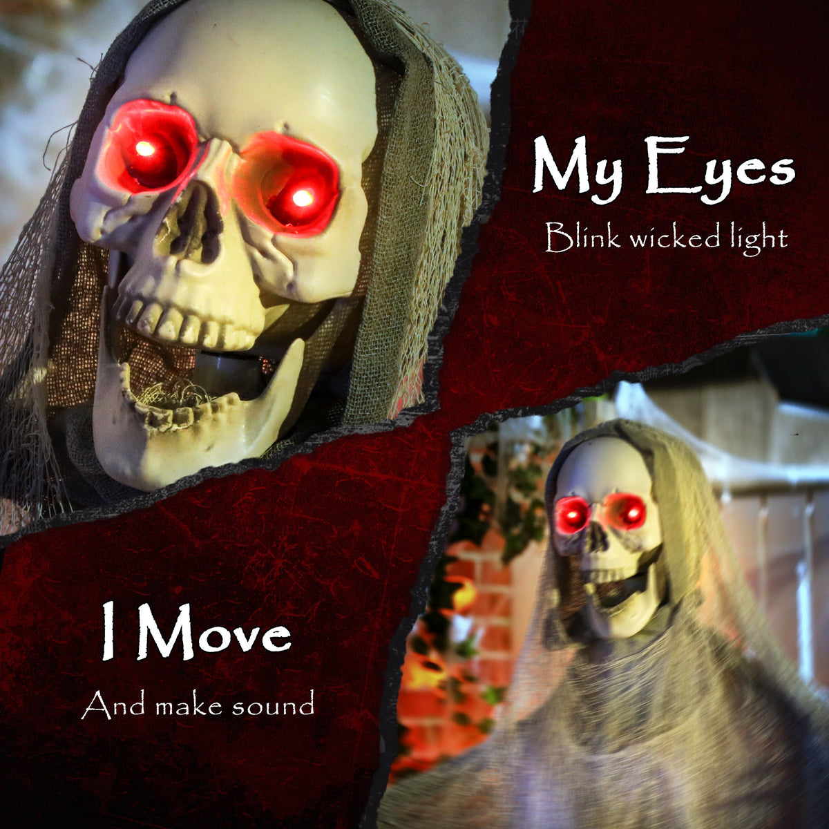 Close-up of the skull with glowing red eyes and text describing movement and sound features