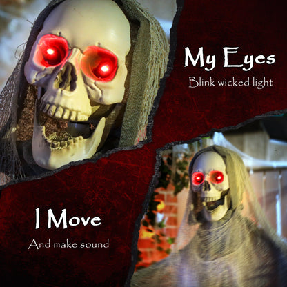 Close-up of the skull with glowing red eyes and text describing movement and sound features