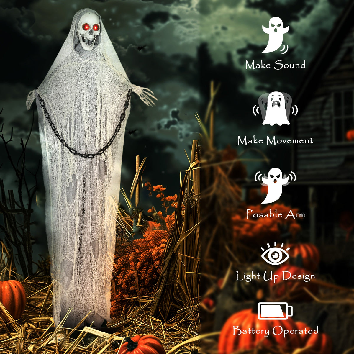 The animated skeleton with icons highlighting sound, movement, posable arms and battery power