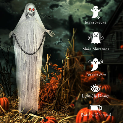 The animated skeleton with icons highlighting sound, movement, posable arms and battery power