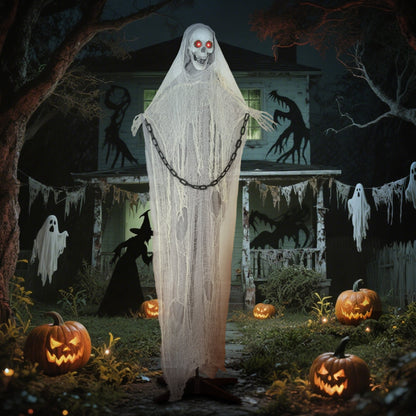 The animated skeleton displayed in a garden at night surrounded by carved pumpkins