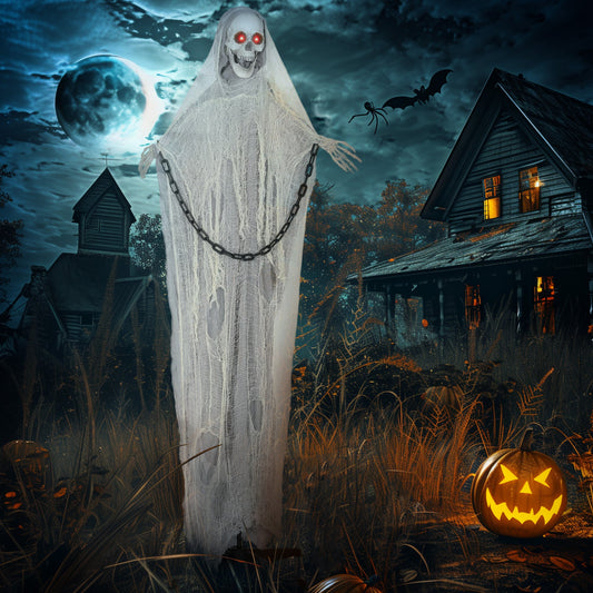 The animated skeleton standing in a spooky outdoor setting with pumpkins and a haunted house
