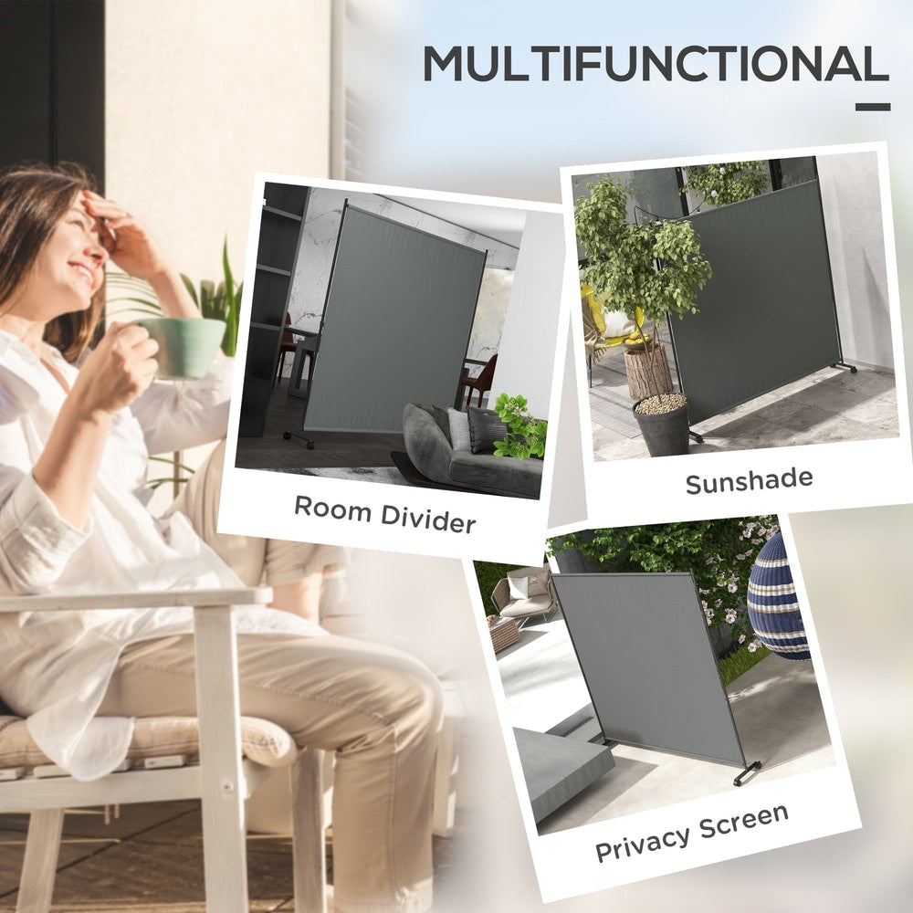 Collage showing the dark grey outdoor privacy screen used as a room divider, sunshade and privacy screen