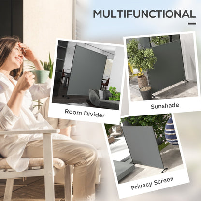 Collage showing the dark grey outdoor privacy screen used as a room divider, sunshade and privacy screen