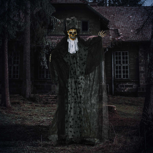 The halloween skeleton standing in front of a dark and spooky abandoned house at night