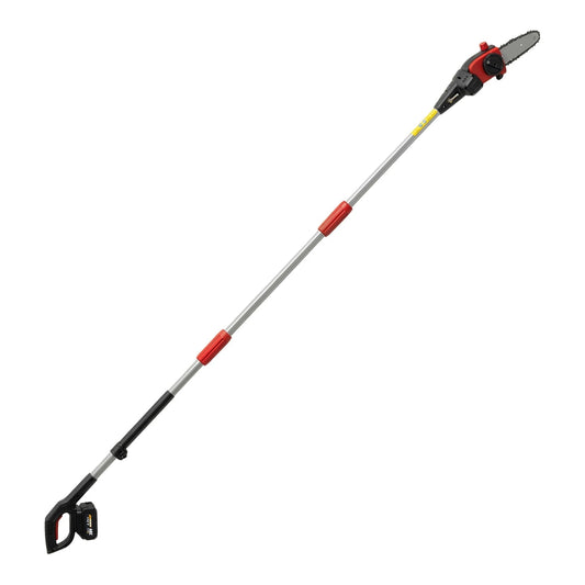 Outsunny 18V 8" Cordless Pole Chainsaw fully extended with a silver pole and red accents