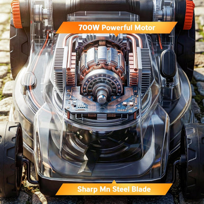 The cordless lawnmower with a transparent view showing the internal motor and metal blade