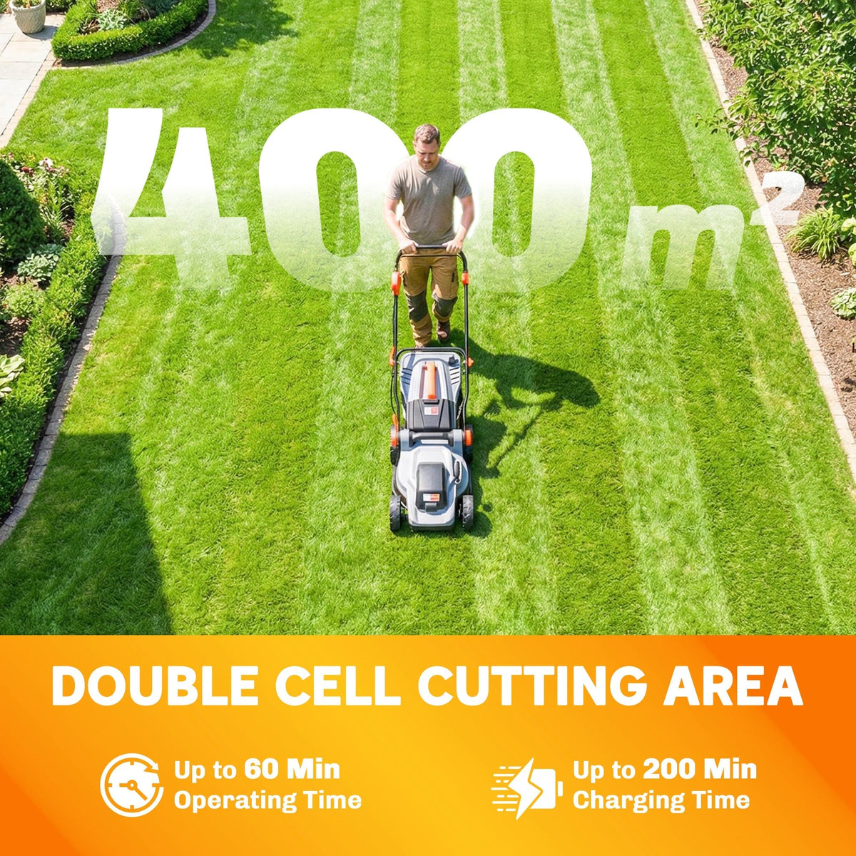 The cordless lawnmower being used on a large grassy area with text overlay about cutting area