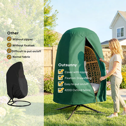 A green hanging egg chair furniture cover is shown with a black cover and feature list