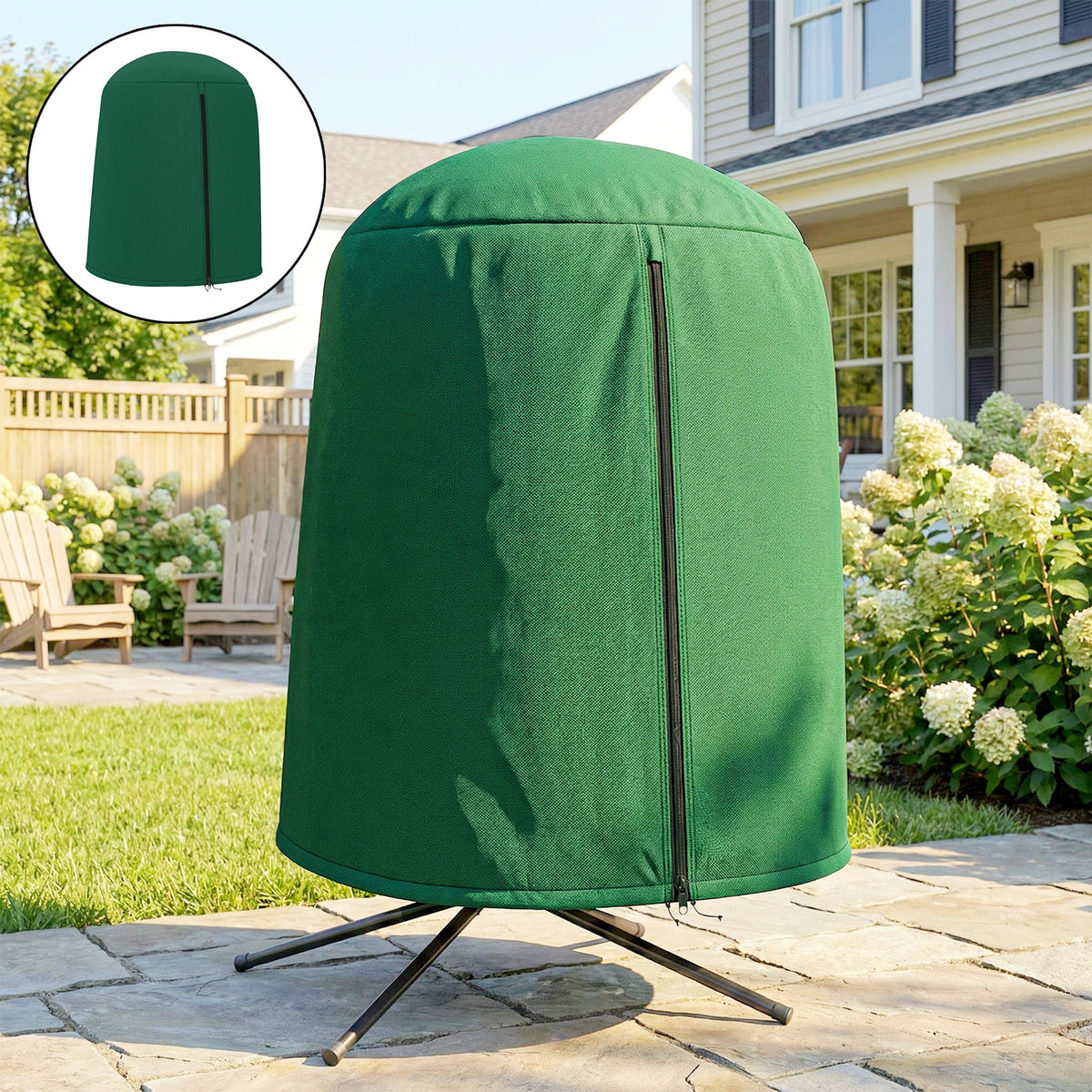 Green hanging egg chair furniture cover on a chair in a garden setting with flowers
