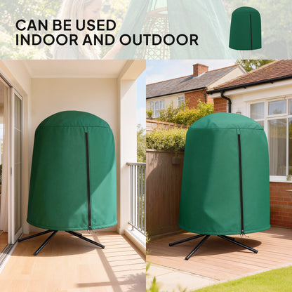 The green furniture cover for a hanging egg chair is shown on a balcony and in a garden
