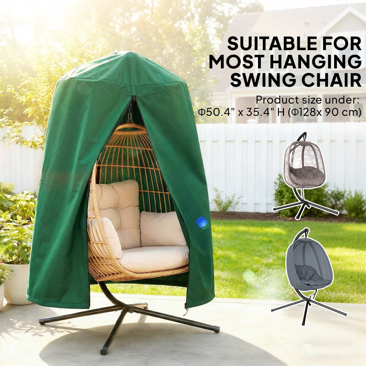 Green hanging egg chair furniture cover shown on a chair with text about suitable swing chairs