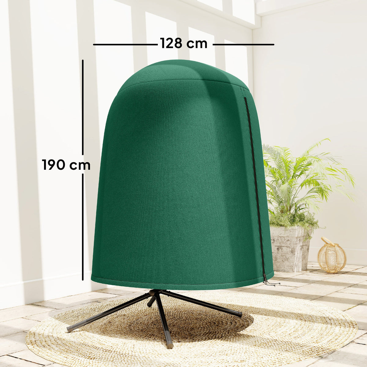 Green hanging egg chair furniture cover with height and diameter measurements shown