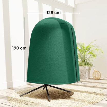 Green hanging egg chair furniture cover with height and diameter measurements shown
