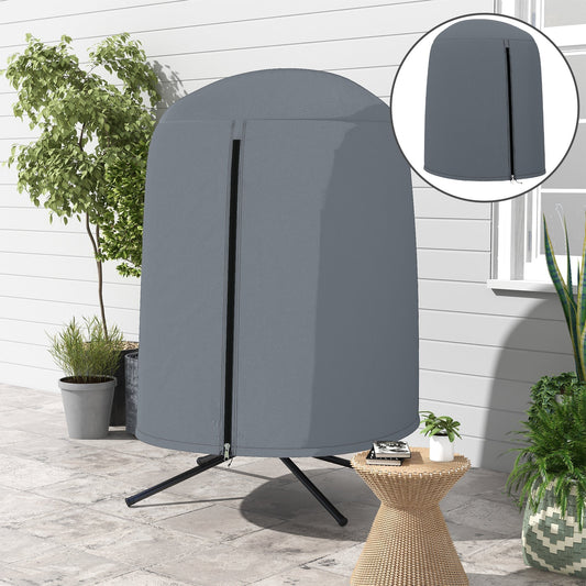 The grey protective cover for a hanging egg chair shown on a patio next to potted plants