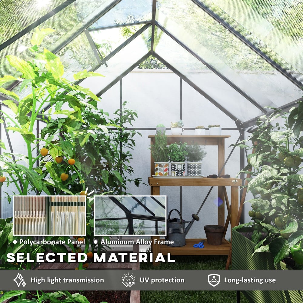 Interior of the garden greenhouse showing plants and shelves with material detail insets