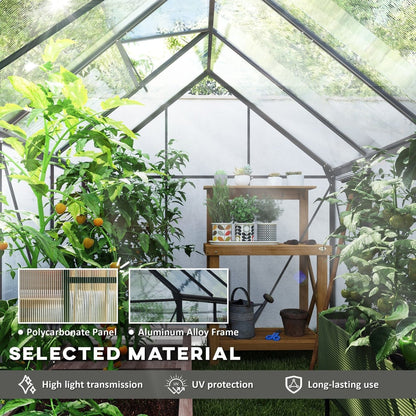 Interior of the garden greenhouse showing plants and shelves with material detail insets