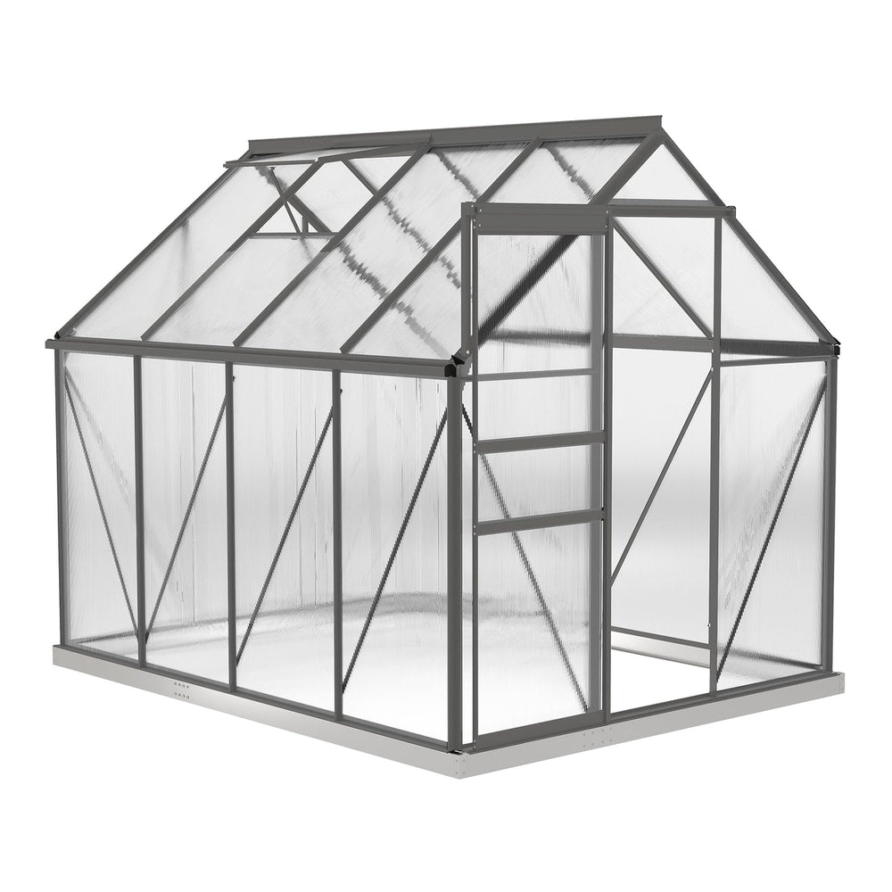 Outsunny Walk-In Polycarbonate Greenhouse with a dark grey frame and transparent wall panels