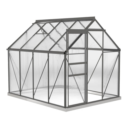 Outsunny Walk-In Polycarbonate Greenhouse with a dark grey frame and transparent wall panels