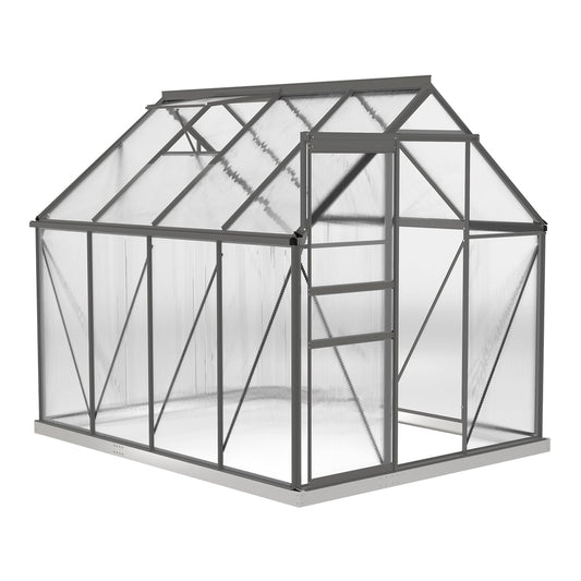 Outsunny Walk-In Polycarbonate Greenhouse with a dark grey frame and transparent wall panels