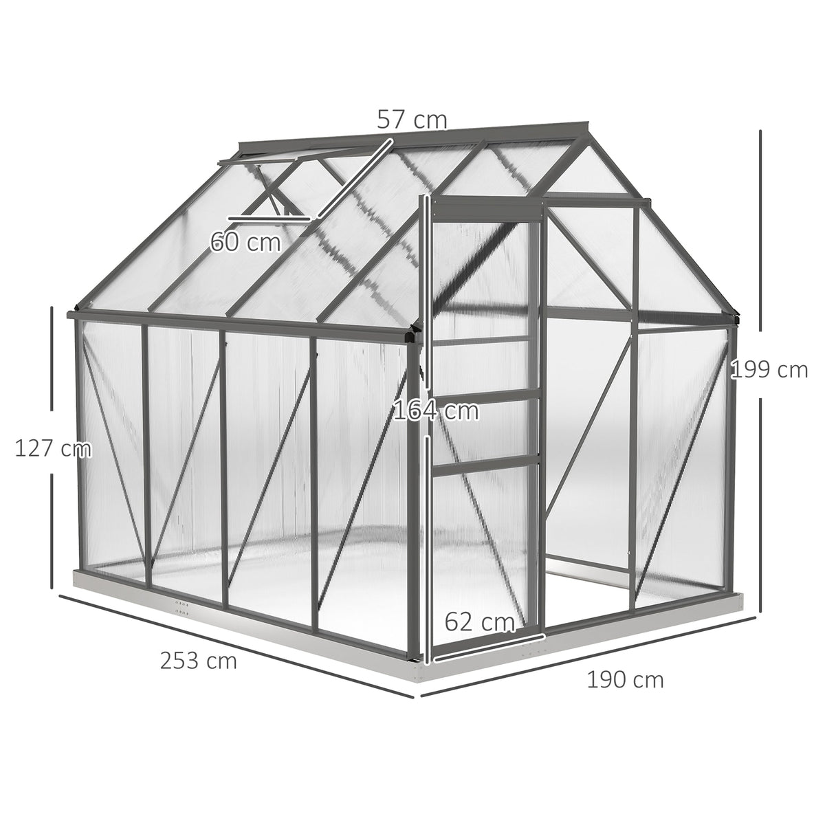 The garden greenhouse shown with dimension lines and labels indicating its overall size