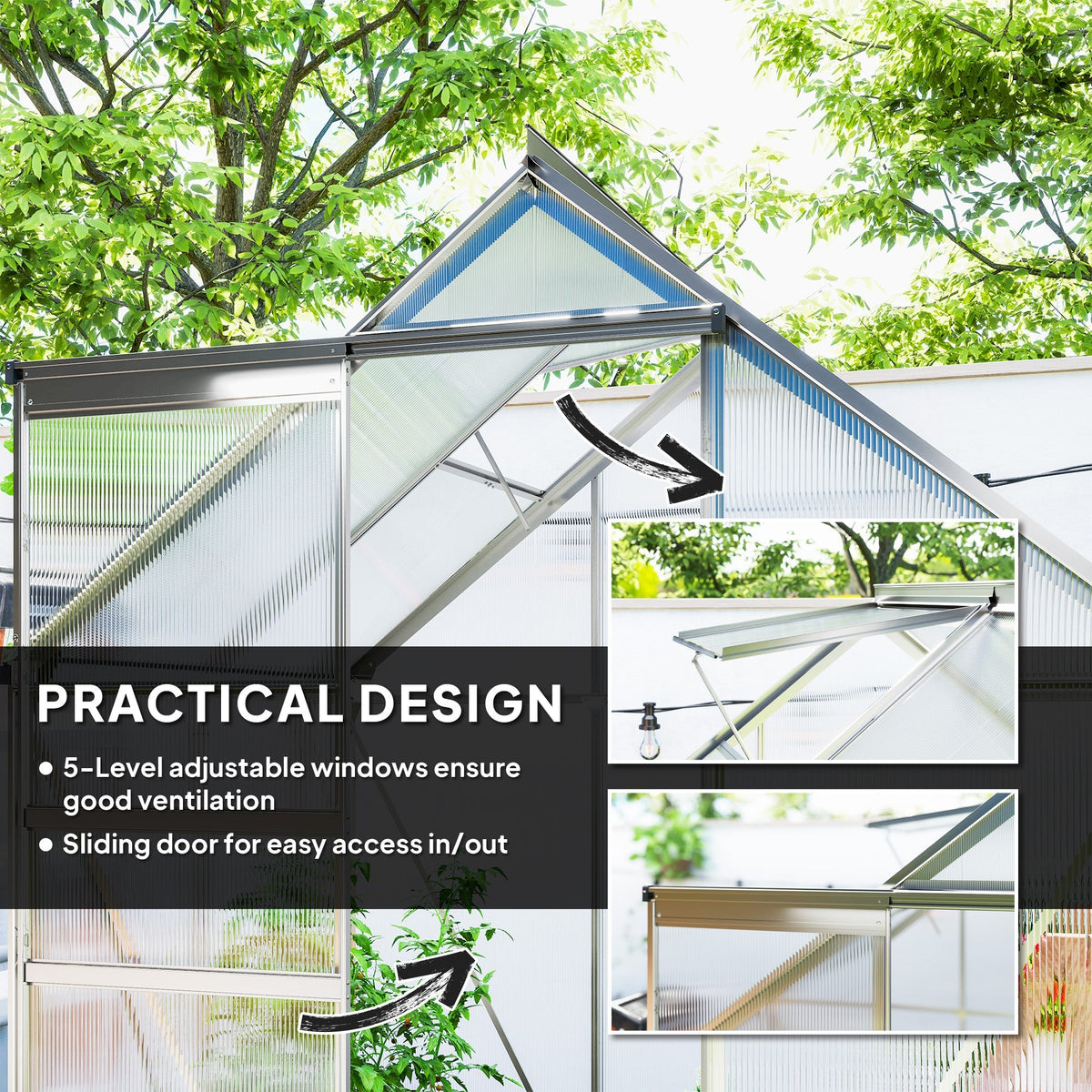 The garden greenhouse highlighting the adjustable roof window and sliding door mechanism
