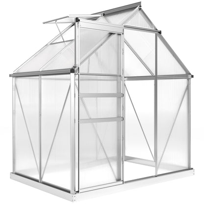 Outsunny Walk-In Polycarbonate Greenhouse with a silver frame and translucent panels