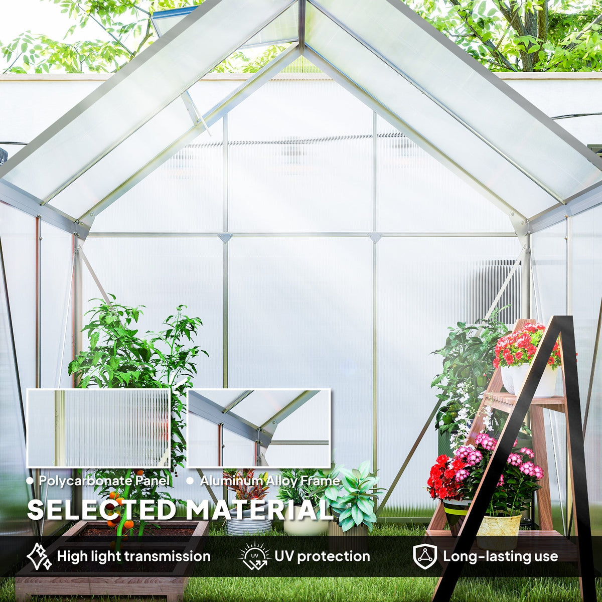 The walk-in greenhouse interior with close-up inserts showing the frame and panel details
