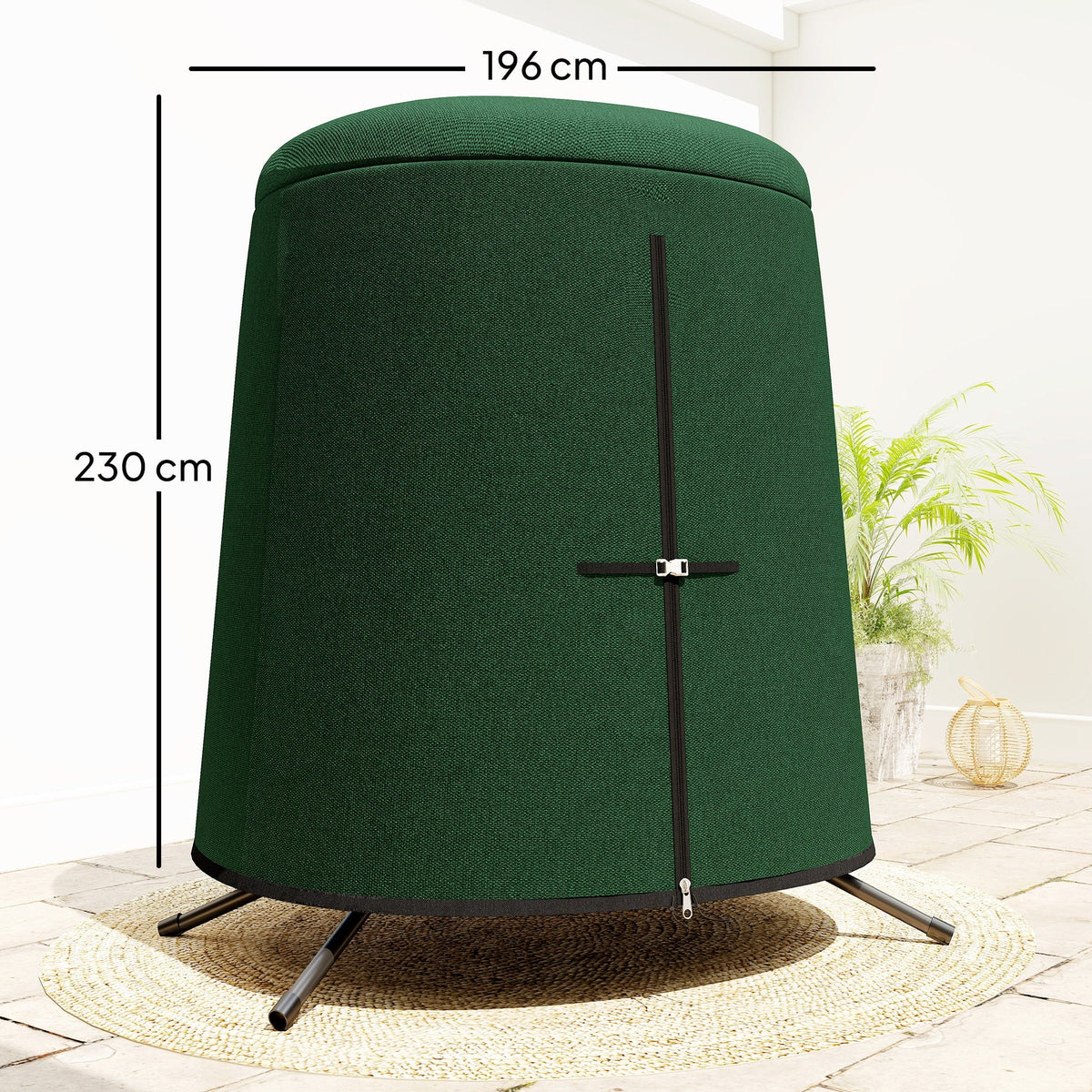 Green hanging egg chair cover with dimensions 196 cm and 230 cm shown