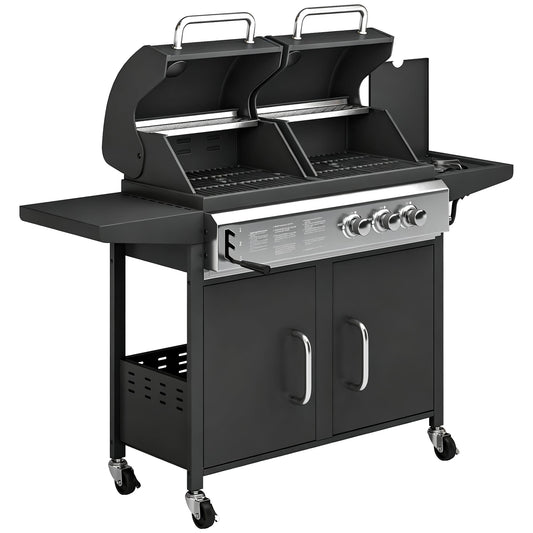 Outsunny 2+1 Burner Hybrid Dual Fuel BBQ Gas Grill in Black