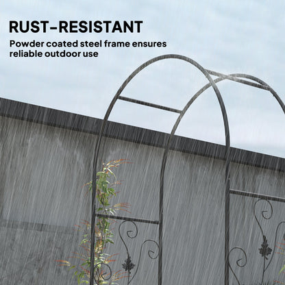 A close-up of the rust-resistant steel frame of the garden arch with gate