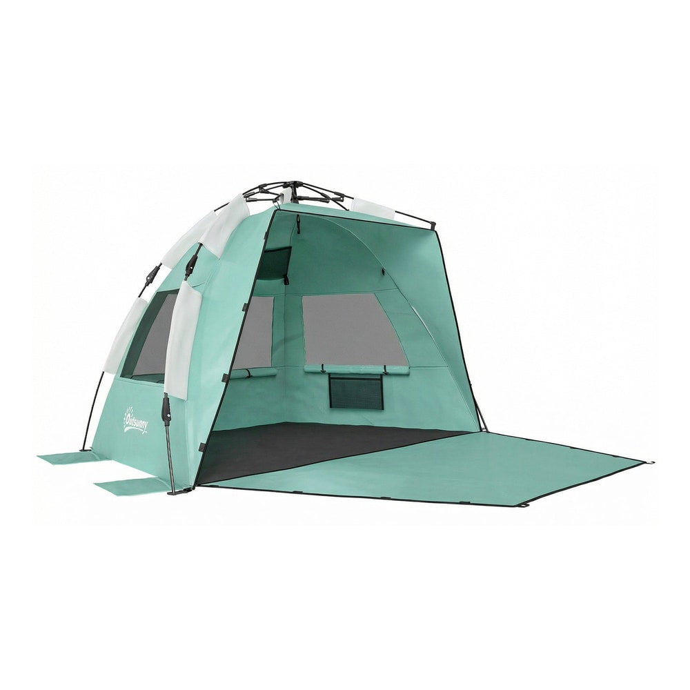 Outsunny 2-3 Person Pop Up Beach Tent in green with an extended floor and mesh windows