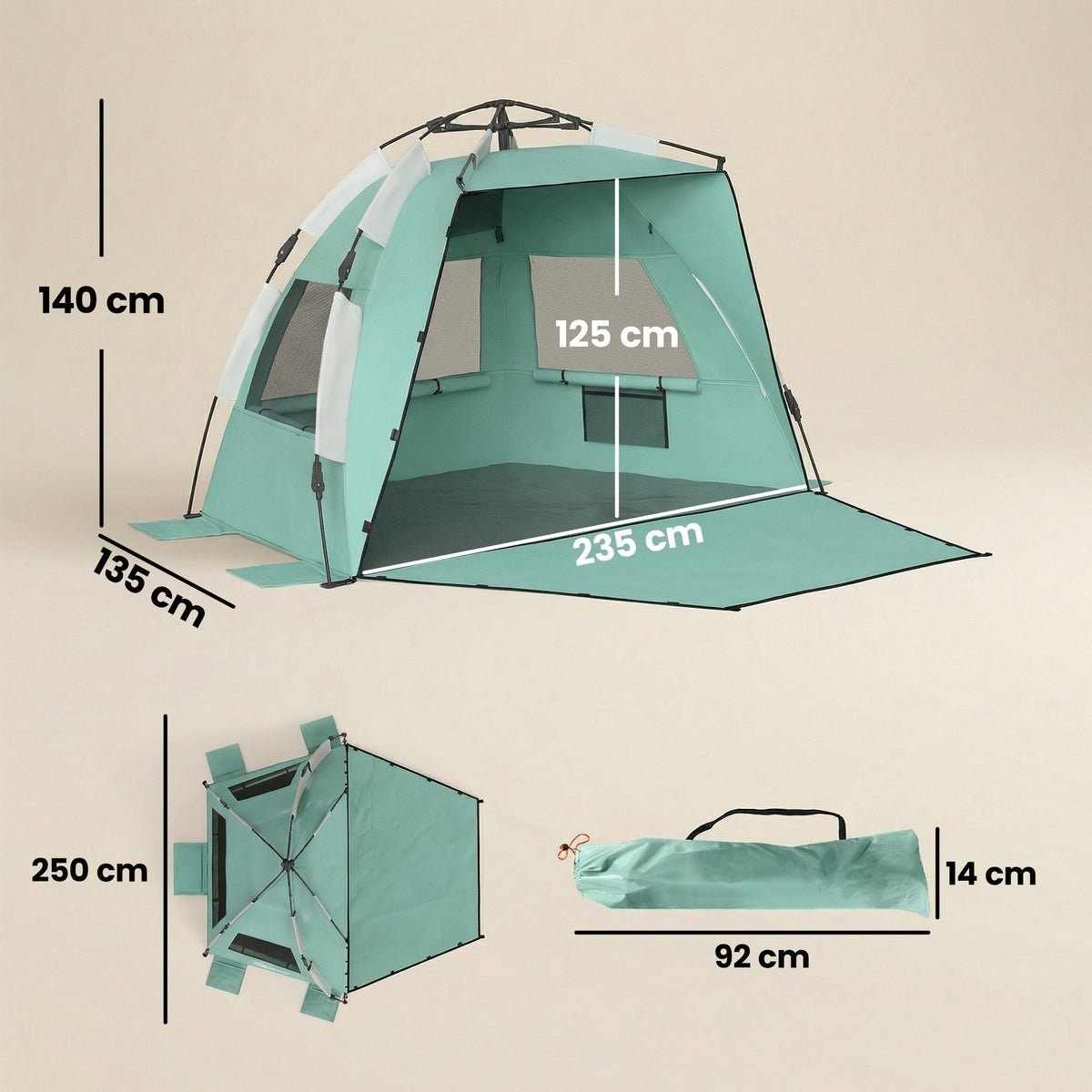 The beach tent showing various dimensions for height, width and the carry bag size