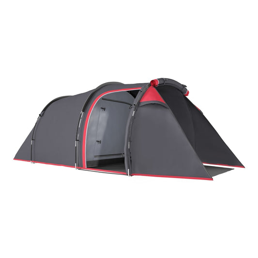 Outsunny 2-3 Person Tunnel Tent with Sewn-in Groundsheet, grey with red trim, shown from the front with doors open