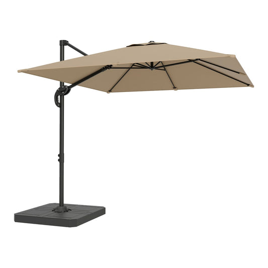 Outsunny Cantilever Parasol with Umbrella Weights, a large khaki canopy umbrella with a black pole and base