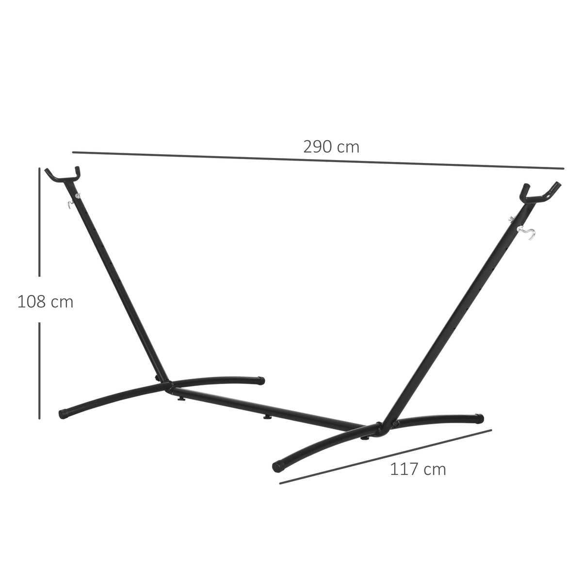 Dimensions of the black metal hammock stand shown with measurements