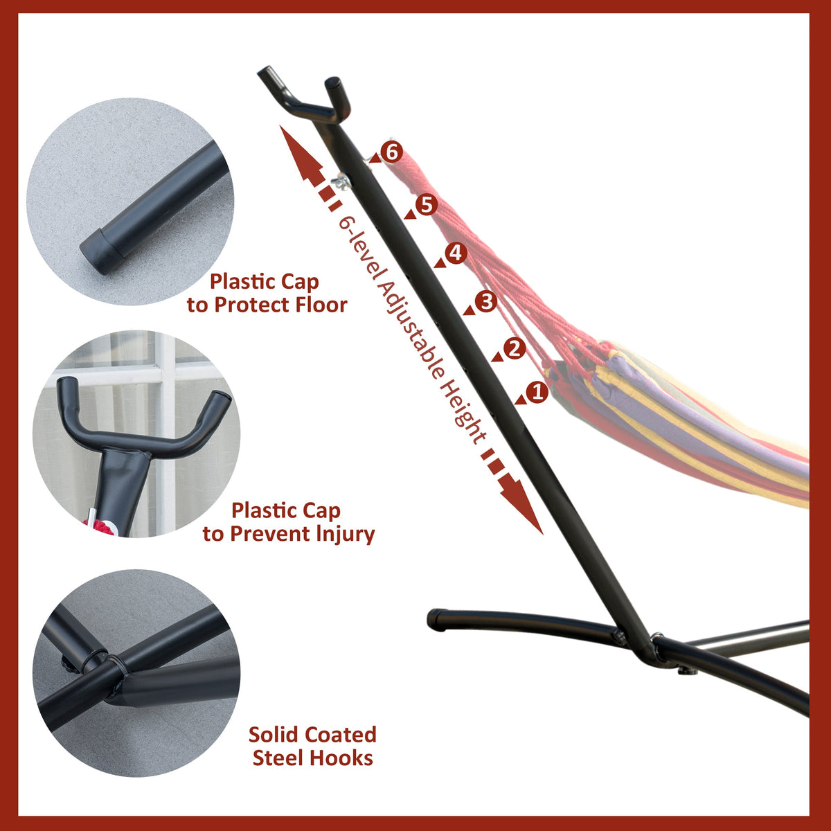 Close-up of the hammock stand's hooks and protective caps