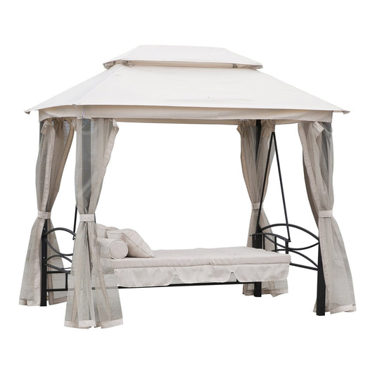 Outsunny 2-in-1 Convertible Gazebo Swing Chair Bed W/Netting in beige and black