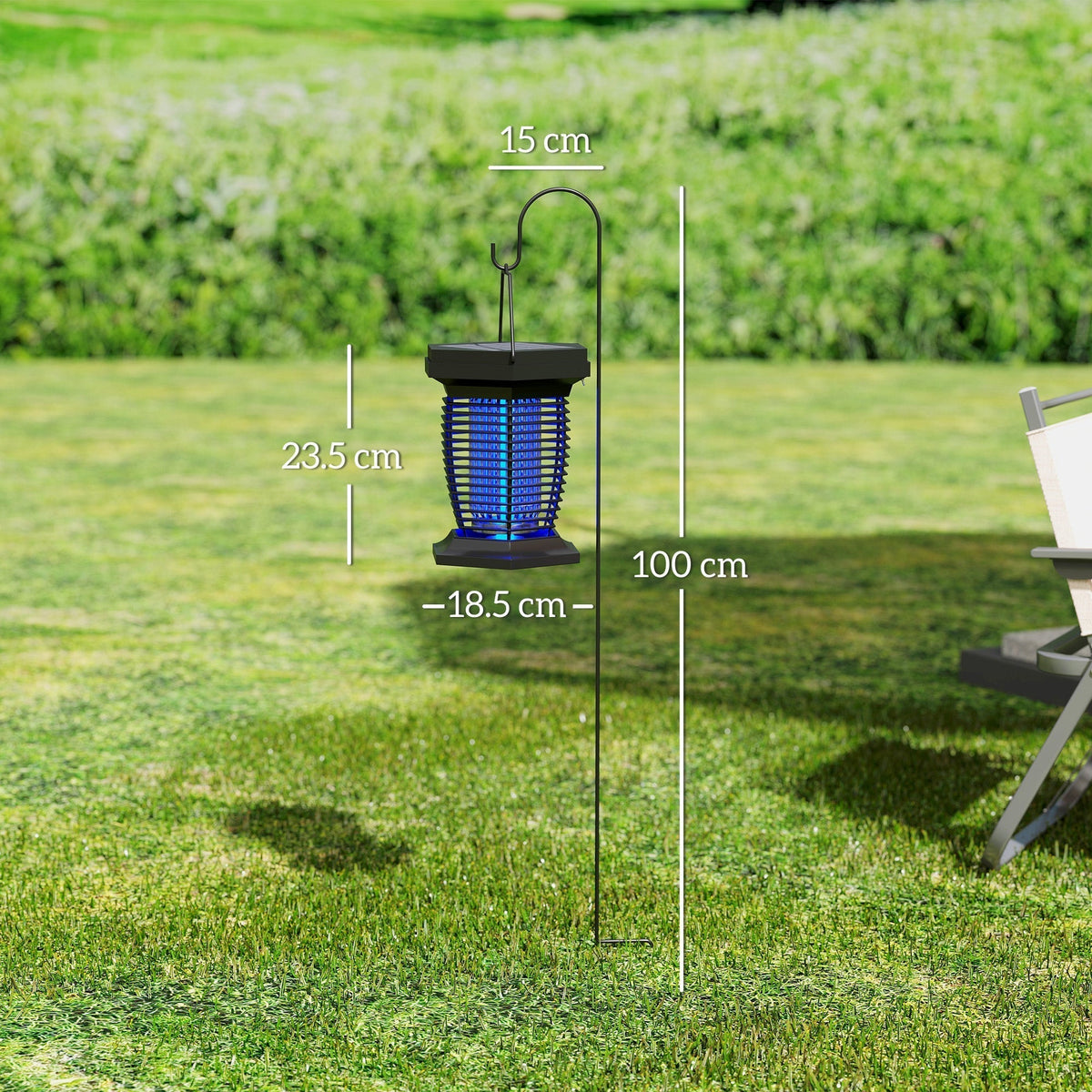 The garden insect killer on its stake with dimensions shown