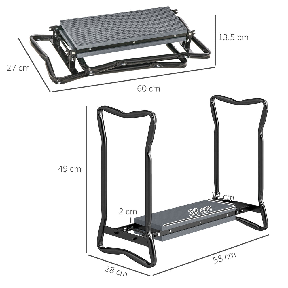 Dimensions of the garden kneeler seat shown in two positions