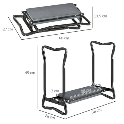 Dimensions of the garden kneeler seat shown in two positions