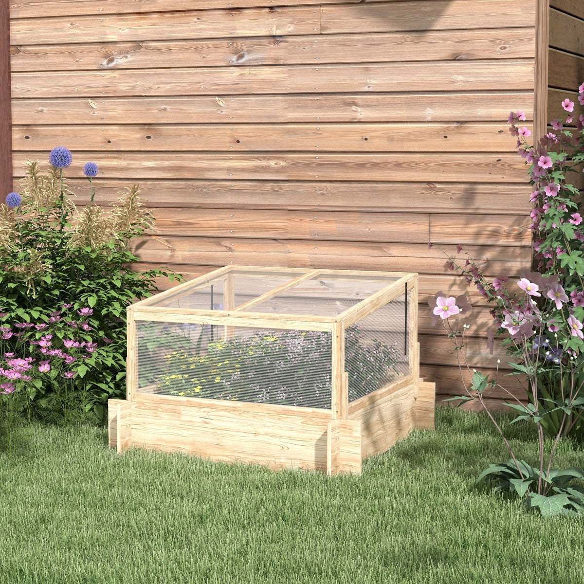 The wooden planter box placed on a lawn in front of a wooden shed wall
