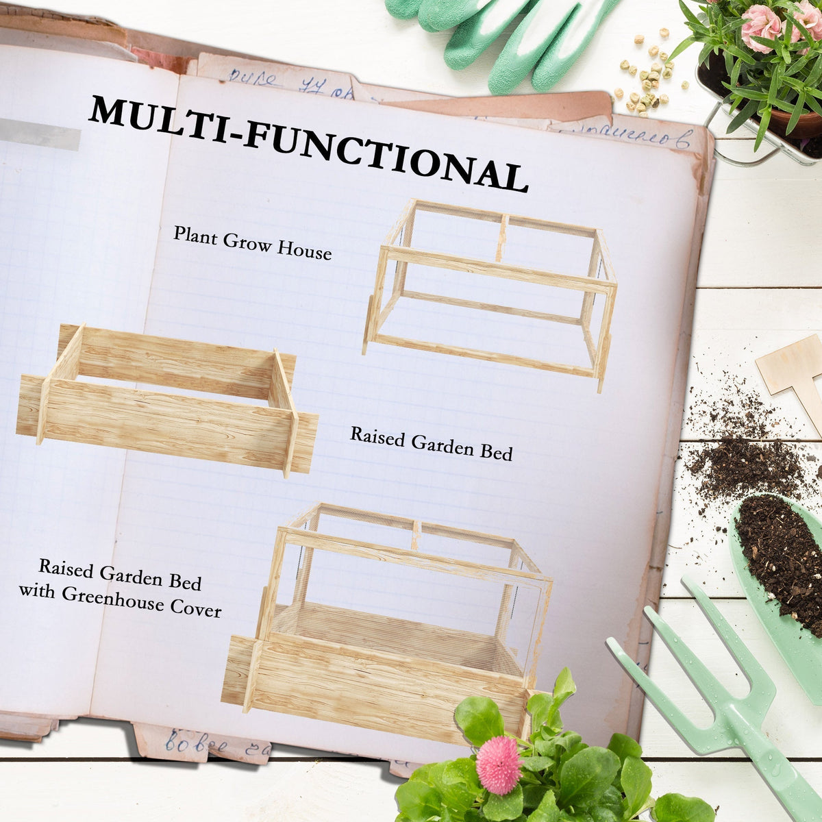 The wooden planter box shown in different configurations on a notebook page