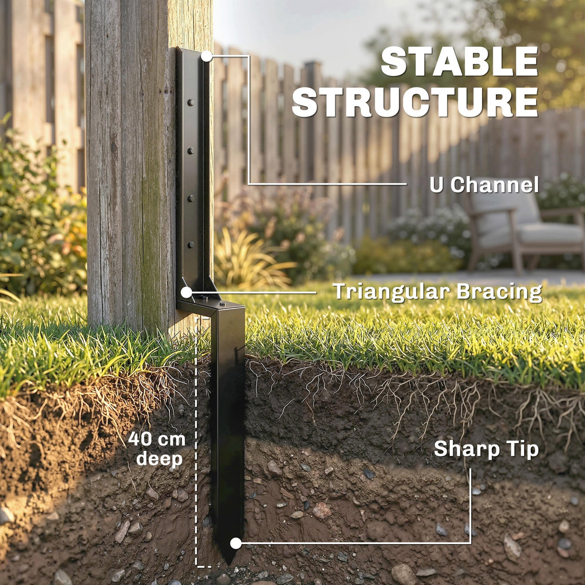 The fence post repair kit showing the underground installation and structural details
