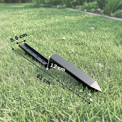 The metal fence post support lying on grass with lines indicating its dimensions