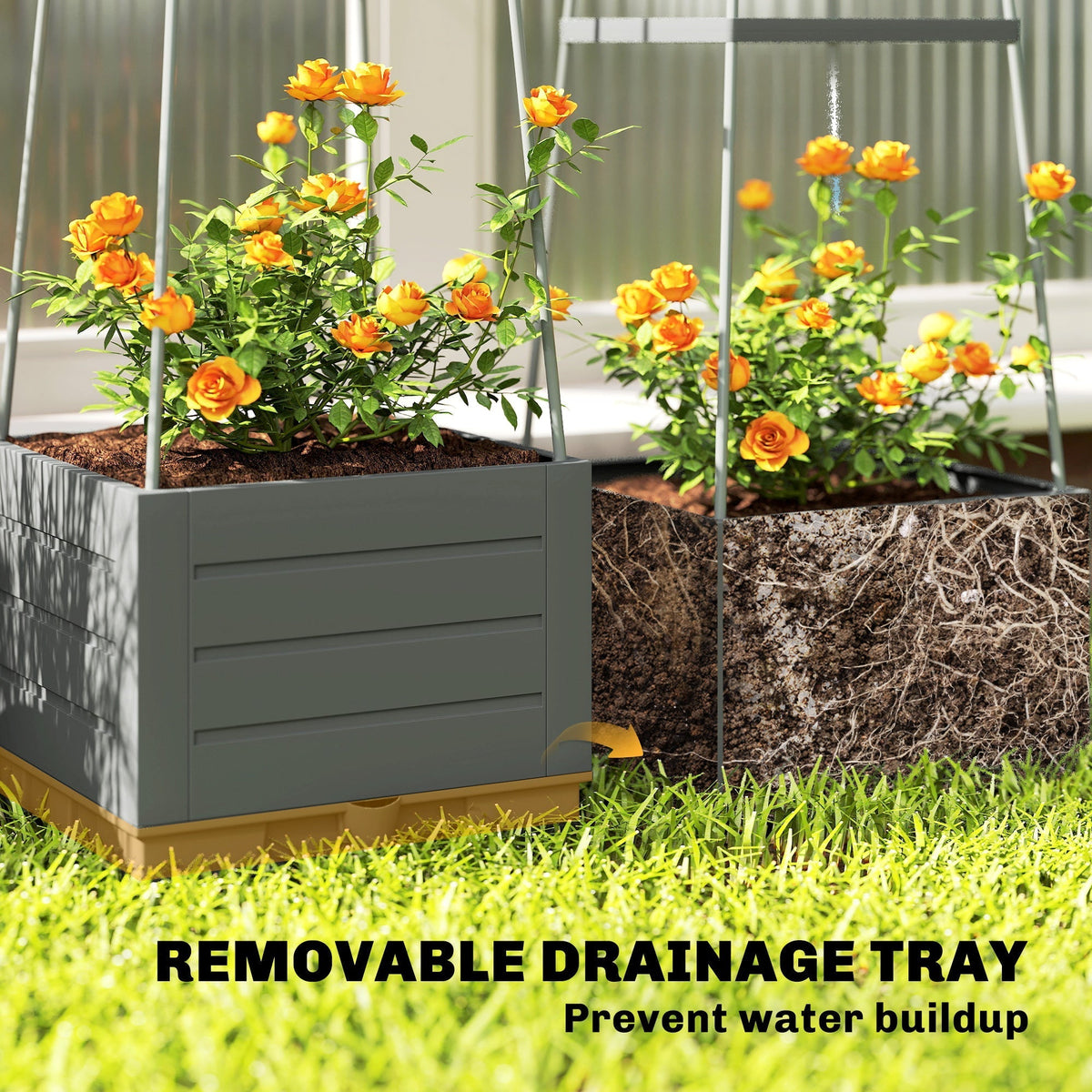 Close up of a grey plastic planter with a removable drainage tray shown