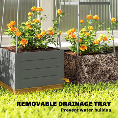 Close up of a grey plastic planter with a removable drainage tray shown