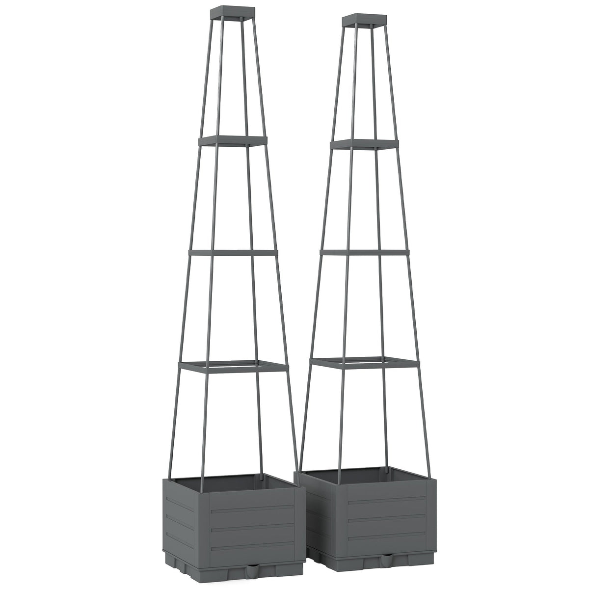 Outsunny 2 Pack Raised Garden Bed with Trellis, two grey plastic planters with tall conical trellises